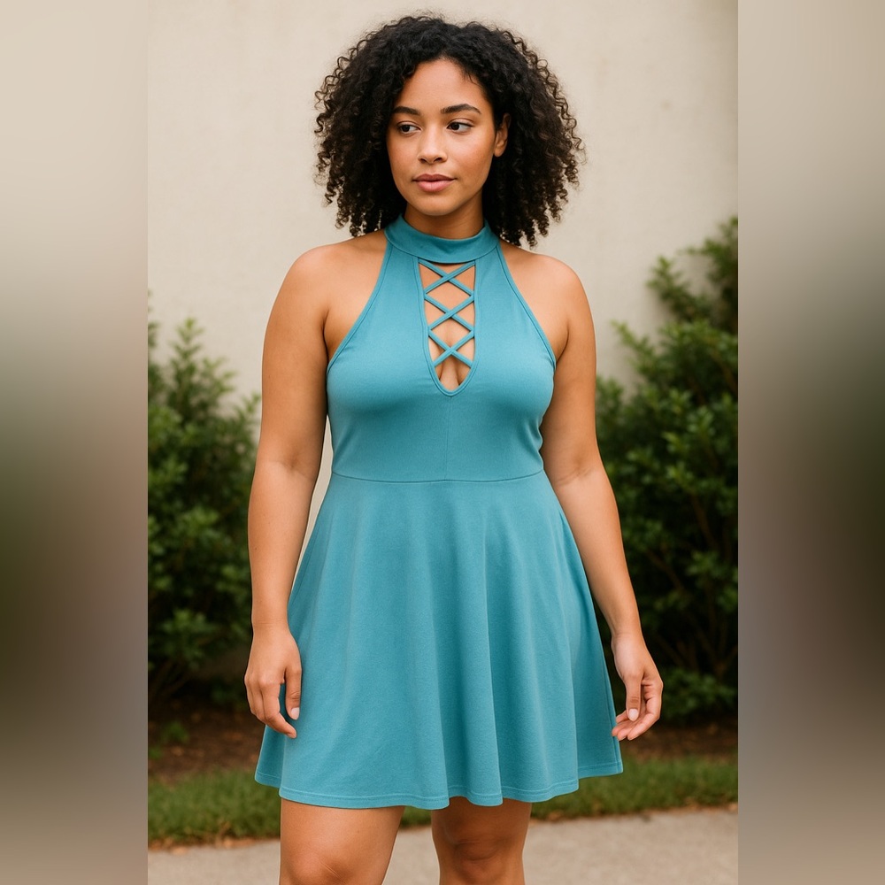 Express Women’s Teal Blue Halter Fit-and-Flare Dress Size L Stretch Cotton Blend